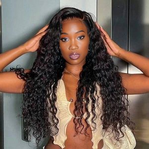 center wig natural black remy hair 6x7 lace closure deep wave human hair wig